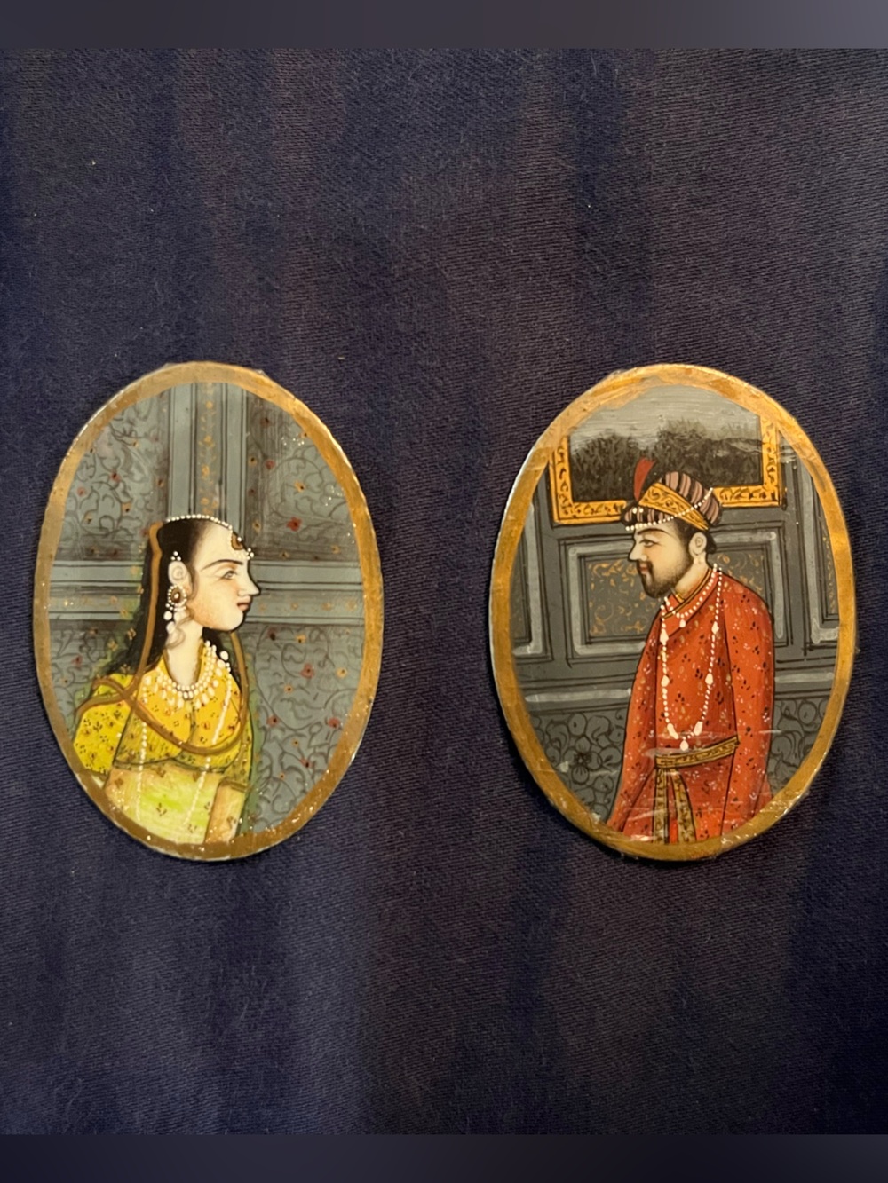 Pair of Beautiful Oval Hand- Painted Indian Mughal style Miniature Portraits